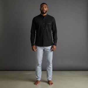 David Archy Mens Black Band Collar Pajama Top Striped Pants Sleepwear Set Size L